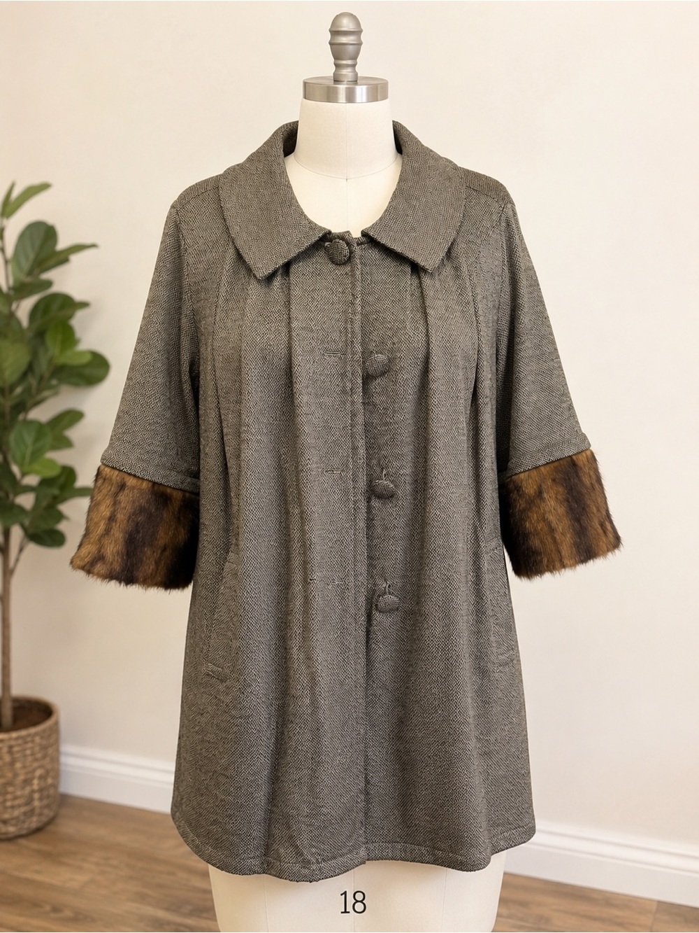 Live a Little Black and Cream Herringbone Coat with Faux Fur Trim
